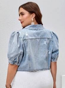 SHEIN VCAY Plus Flap Pocket Puff Sleeve Denim Jacket - Light Wash - View 2