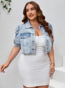 SHEIN VCAY Plus Flap Pocket Puff Sleeve Denim Jacket - Light Wash - View 5