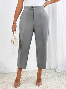 SHEIN Privé Plus High Waist Seam Detail Trousers - Grey - View 3