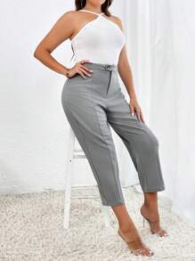 SHEIN Privé Plus High Waist Seam Detail Trousers - Grey - View 4