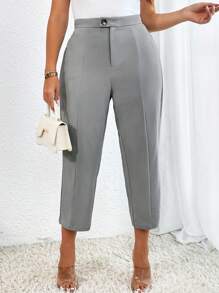 SHEIN Privé Plus High Waist Seam Detail Trousers - Grey - View 6