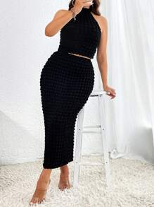 SHEIN Privé Plus Solid Halter Top & Pencil Skirt - Black - View 1