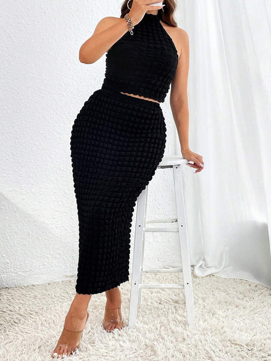 SHEIN Privé Plus Solid Halter Top & Pencil Skirt - Black - View 1