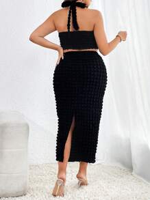 SHEIN Privé Plus Solid Halter Top & Pencil Skirt - Black - View 2
