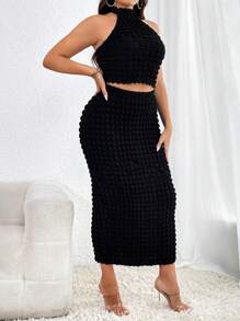 SHEIN Privé Plus Solid Halter Top & Pencil Skirt - Black - View 6