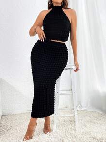 SHEIN Privé Plus Solid Halter Top & Pencil Skirt - Black - View 7