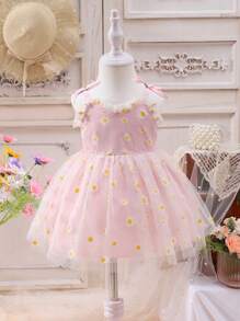 Đầm em bé Tương phản Mesh viền lá sen Thắt nút Dây kéo Hoa - Hồng - Xem 1