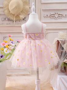 Đầm em bé Tương phản Mesh viền lá sen Thắt nút Dây kéo Hoa - Hồng - Xem 2