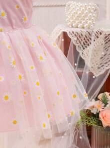 Đầm em bé Tương phản Mesh viền lá sen Thắt nút Dây kéo Hoa - Hồng - Xem 3