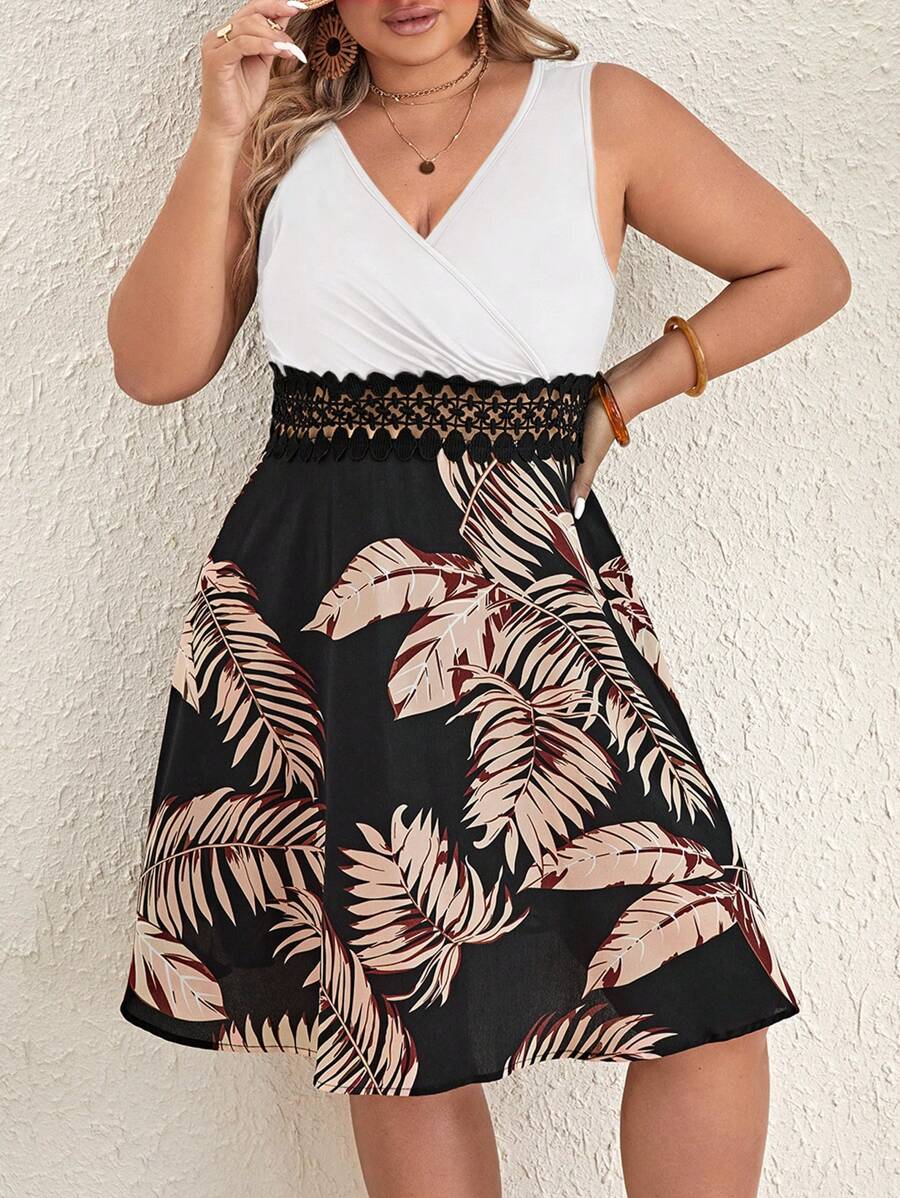 SHEIN VCAY Plus Tropical Print Guipure Lace Insert Dress - Black and White - View 1
