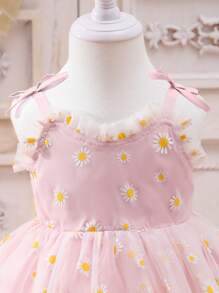 Đầm em bé Tương phản Mesh viền lá sen Thắt nút Dây kéo Hoa - Hồng - Xem 5