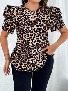 Chikora Plus Leopard Print Puff Sleeve Tee - Multicolor - View 3