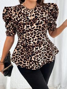 Chikora Plus Leopard Print Puff Sleeve Tee - Multicolor - View 5