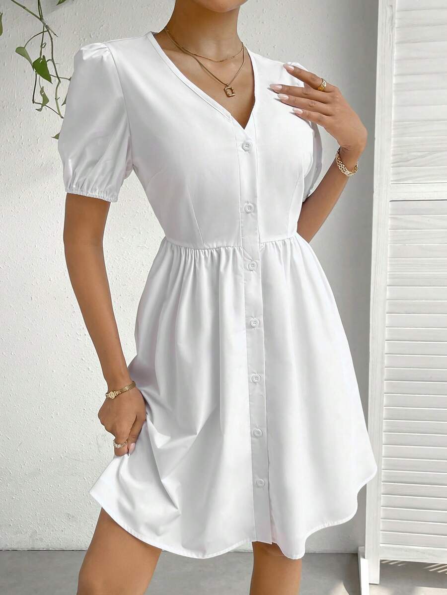 SHEIN Privé 素色前紐扣泡泡袖連衣裙 - 白色 - 查看 1