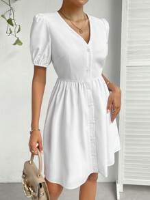 SHEIN Privé 素色前紐扣泡泡袖連衣裙 - 白色 - 查看 3