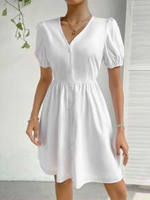 SHEIN Privé 素色前紐扣泡泡袖連衣裙 - 白色 - 查看 4