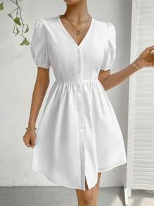 SHEIN Privé 素色前紐扣泡泡袖連衣裙 - 白色 - 查看 5