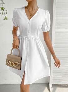 SHEIN Privé 素色前紐扣泡泡袖連衣裙 - 白色 - 查看 6