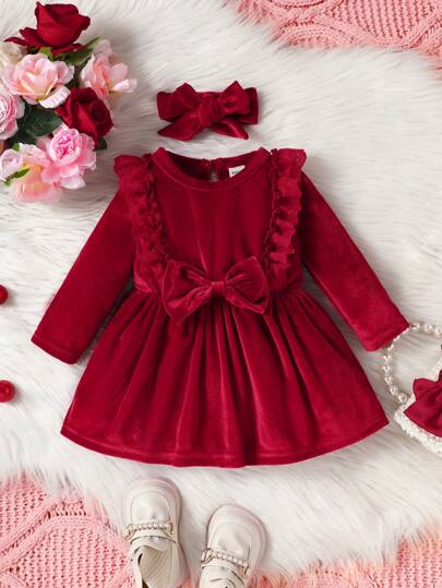 SHEIN Baby Mädchen Kleid mit Rüschenbesatz, Schleife vorne,