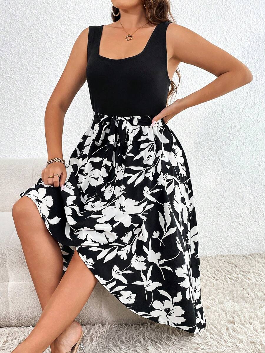 SHEIN Privé Plus Floral Print Belted Dress - Black and White - View 1