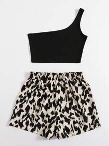 SHEIN VCAY 加大单肩上衣和全身印花系带夏季短裤 - 杏色 - 查看 2