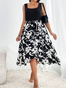 SHEIN Privé Plus Floral Print Belted Dress - Black and White - View 3