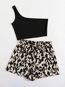 SHEIN VCAY 加大单肩上衣和全身印花系带夏季短裤 - 杏色 - 查看 5