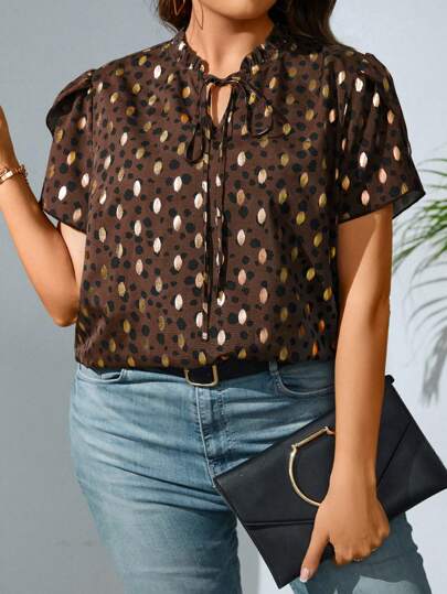 SHEIN Privé 大碼燙金繫帶領襯衫