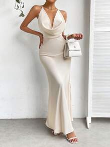 Aveloria Modichic Draped Collar Backless Halter Neck Dress Vacation Outfits Woman  - Beige - View 6