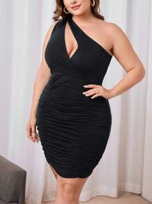 SHEIN Privé Vestido ajustado de un hombro con abertura fruncido - Negro - Ver 5