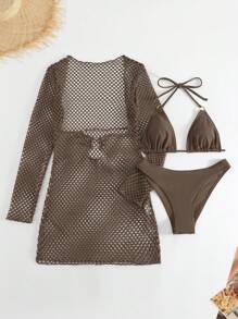 Bonvoyette Summer Beach Plain Halter Triangle Bikini Set With Cover Up - Coffee Brown - View 4