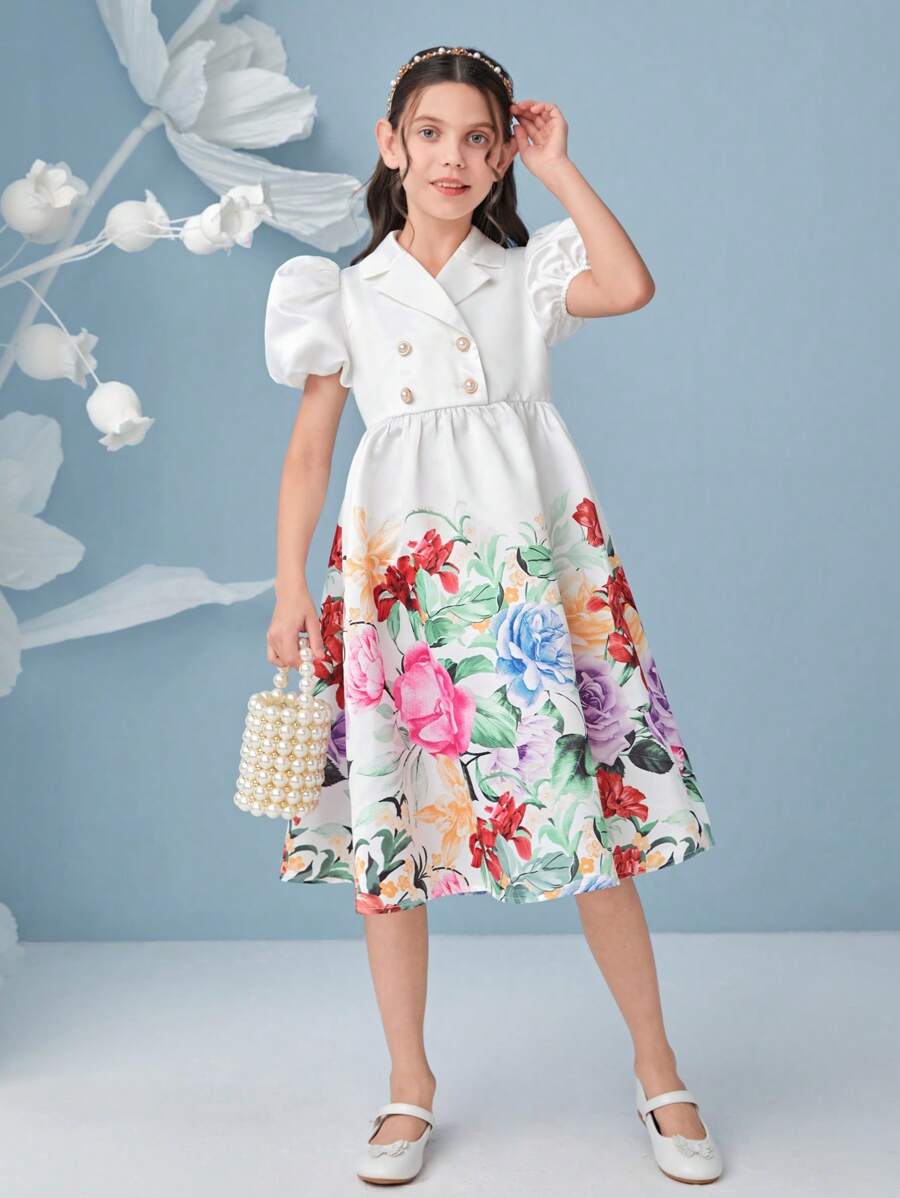 SHEIN 女孩印花泡泡袖雙排釦連衣裙 - 彩色 - 查看 1