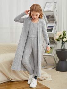 SHEIN Tween Girl Solid Tank Top & Letter Patched Leggings & Open Front Coat - Grey - View 1