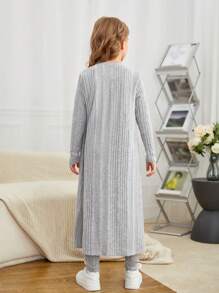 SHEIN Tween Girl Solid Tank Top & Letter Patched Leggings & Open Front Coat - Grey - View 2