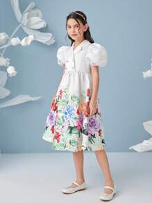 SHEIN 女孩印花泡泡袖雙排釦連衣裙 - 彩色 - 查看 3