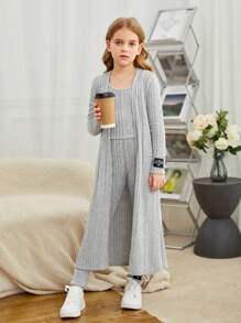 SHEIN Tween Girl Solid Tank Top & Letter Patched Leggings & Open Front Coat - Grey - View 3