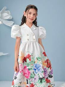 SHEIN 女孩印花泡泡袖雙排釦連衣裙 - 彩色 - 查看 5