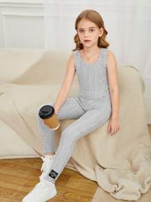 SHEIN Tween Girl Solid Tank Top & Letter Patched Leggings & Open Front Coat - Grey - View 5