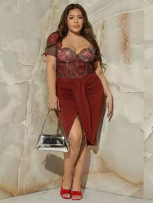 SHEIN SXY Plus Floral Print Ruched Bustier Mesh Top - Multicolor - View 4