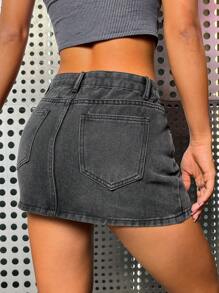 SHEIN ICON Washed Denim Skirt - Dark Grey - View 2