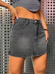SHEIN ICON Washed Denim Skirt - Dark Grey - View 4