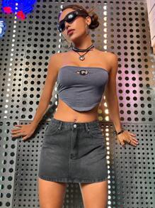 SHEIN ICON Washed Denim Skirt - Dark Grey - View 1