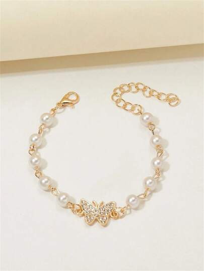 1pc Fashion Zinc Alloy Rhinestone Butterfly & Faux Pearl Decor Bracelet For Women For Daily Decoration