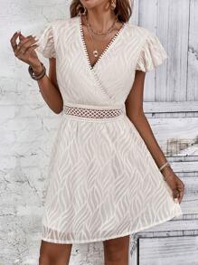 SHEIN LUNE Solid Contrast Lace A-line Dress - Apricot - View 1