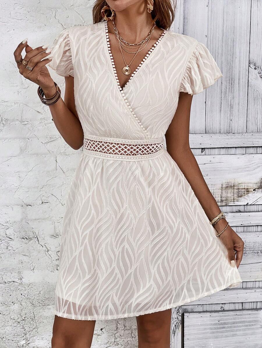 SHEIN LUNE Solid Contrast Lace A-line Dress - Apricot - View 1