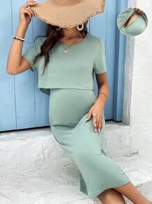 SHEIN Maternity Solid Nursing Tee & Adjustable Waist Split Back Dress - Mint Green - View 1