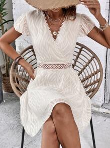 SHEIN LUNE Solid Contrast Lace A-line Dress - Apricot - View 3