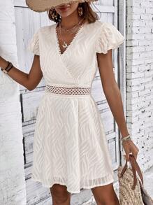 SHEIN LUNE Solid Contrast Lace A-line Dress - Apricot - View 6