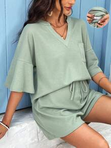 SHEIN Bộ đồ hai mảnh Bà bầu Nút Dây kéo Túi màu trơn Giải trí - Màu xanh Bạc hà - Xem 1