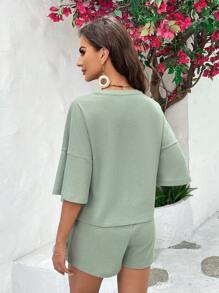 SHEIN Bộ đồ hai mảnh Bà bầu Nút Dây kéo Túi màu trơn Giải trí - Màu xanh Bạc hà - Xem 2